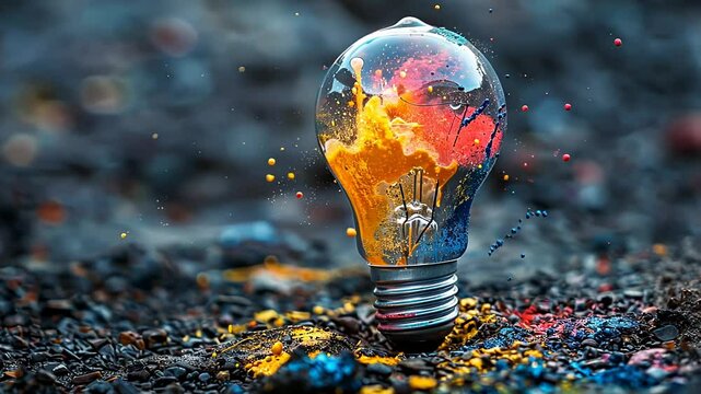 An artistic shot of an exploding lightbulb releasing vibrant orange, pink, and blue paint splashes.