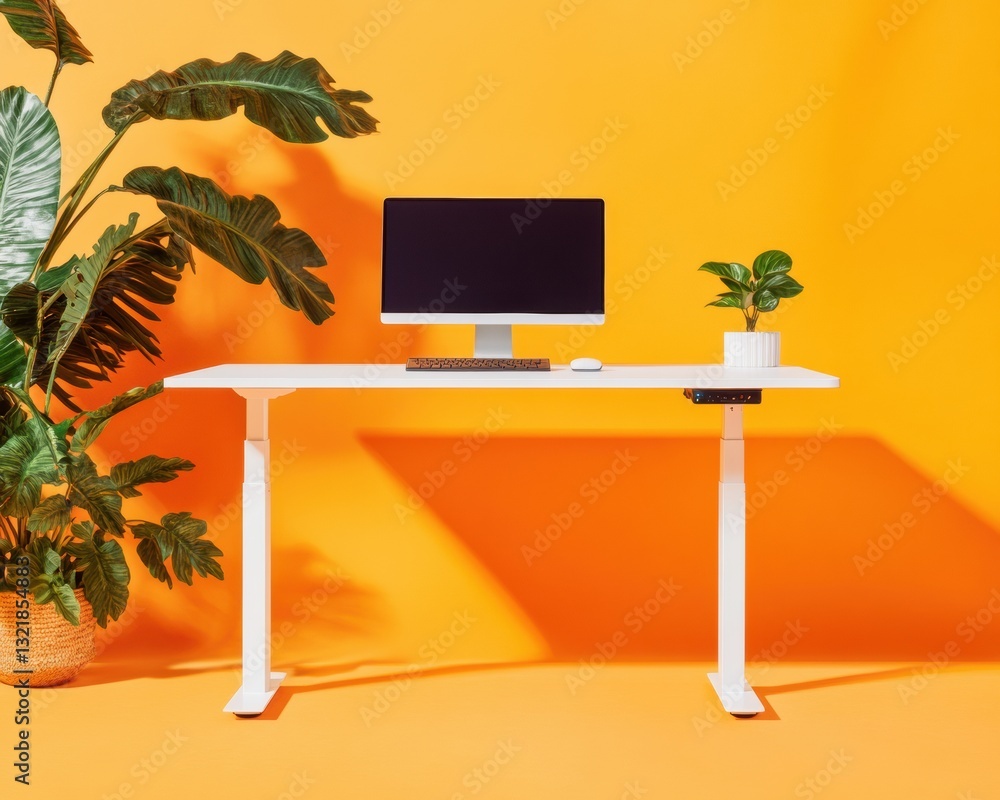 Poster vibrant wellness workspace ergonomic height-adjustable standing desk with biophilic design - modern 