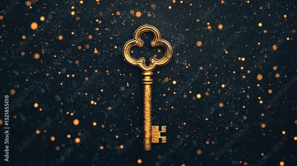 Poster elegant golden key with intricate design surrounded by glowing bokeh effects in dark background