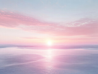 Serene pastel sunset over calm ocean waves with soft pink and blue hues