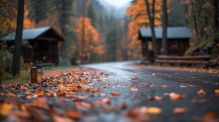 A tranquil autumn scene featuring a winding road lined with colorful leaves and cozy cabins nestled among vibrant trees.