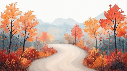 A winding road through vibrant autumn trees, showcasing a picturesque landscape filled with warm orange and yellow hues.
