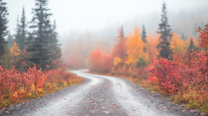 A winding road through a misty forest adorned with vibrant autumn foliage in shades of orange and red.