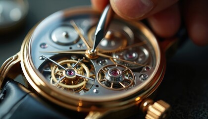 Close-up of watchmaker repairing luxury swiss mechanical watch with complex mechanism, gears, precision parts using special tool. Repair, maintenance, jeweller profession, accurate time concept.