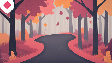 A serene, colorful autumn scene featuring a winding path through vibrant trees with falling leaves in warm shades.