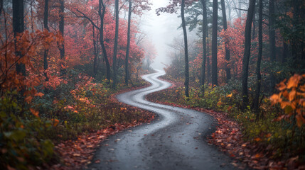 Obraz premium A winding path through a misty forest, surrounded by vibrant autumn foliage and a serene, tranquil atmosphere.
