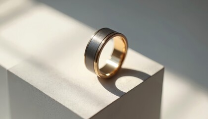 Close-up of smart ring with embedded sensors on minimalist white, gold background. Wireless tech, security, home control, door lock, safety device, notification, automation, modern system showcased.