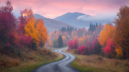 A winding road meanders through vibrant autumn trees, leading towards misty mountains under a colorful sky at dawn.
