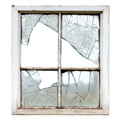 A broken window with cracks, front view, isolated on a white background