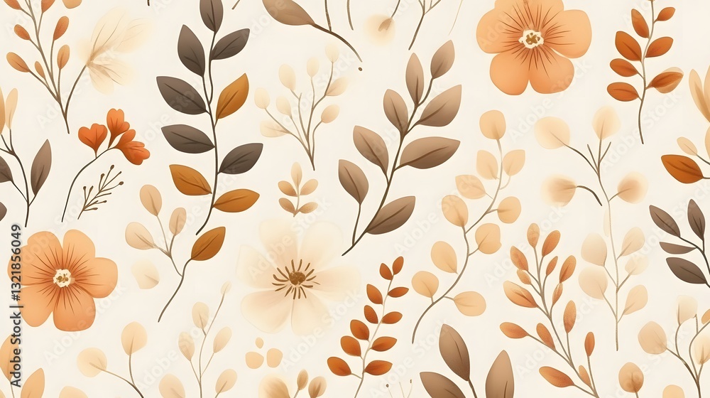 Poster Luxurious Botanical Repeat Pattern with Subtle Gold and Beige Floral Elements in Flat Design