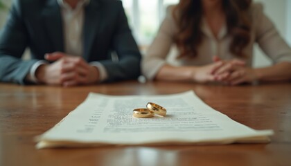 Close up shot of wedding rings lying on divorce papers with blurred couple background. Marital property division. Concept of legal separation, asset split, broken relationship.