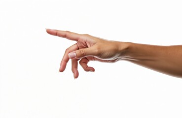 Close-up of dark-skinned female hand gesturing on white background. Fingers point, showing direction pushing invisible button. Useful for diverse hand gestures, interactions, communication concepts.