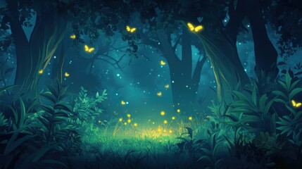 Fototapeta premium A mystical forest scene featuring luminous butterflies and vibrant flora