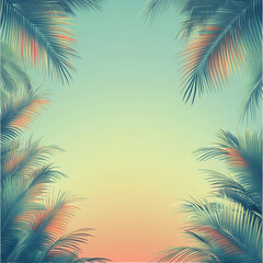 Tropical palm leaves frame soft gradient summer sky with serene atmosphere
