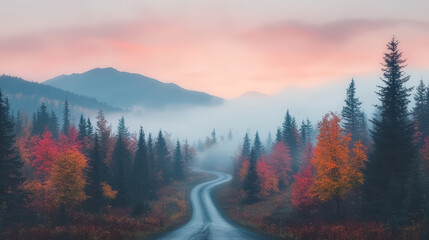 A serene winding road meanders through vibrant fall foliage and misty mountains, creating a picturesque autumn landscape at dawn.