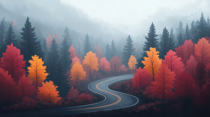 A winding road through misty forests adorned with vibrant autumn foliage in shades of orange and yellow.
