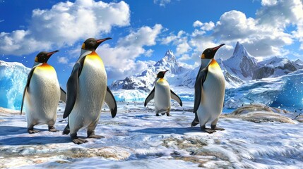 Obraz premium A panoramic view of Antarctic icebergs, with penguins standing proudly against the icy backdrop.