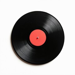 Fototapeta premium Vintage vinyl record with bright red label isolated on white. Retro music culture. Classic sound carrier. Analogue audio storage. Old school disk. Media equipment. Nostalgia collection, record store