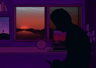 The man sitting, contemplating something. Lofi. Sunset