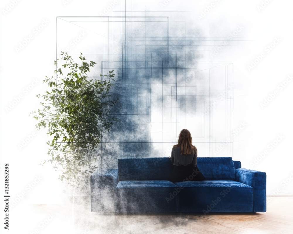 Poster digital tranquility immersive ar home design visualization - minimalist blue velvet sofa exploring s