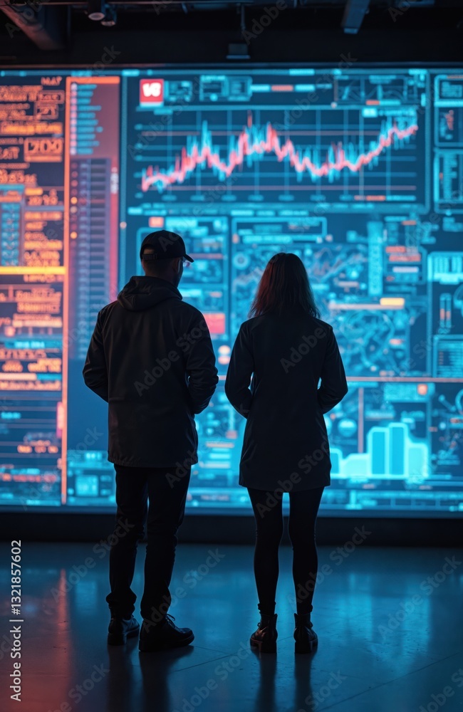 Fototapete Man and woman engineers monitor data on big digital display. Technicians analyze work in futuristic cyber control center, network server room. Professionals working with information, data, cyberspace.