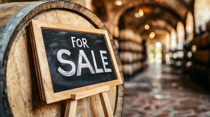 A rustic 'For Sale' sign framed by wooden barrels in a warm, inviting setting.