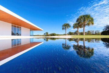 Fototapeta premium Minimalist Waterfront Oasis Contemporary Architectural Masterpiece with Infinity Pool Reflecting Sustainable Luxury Living in Tropical Landscape
