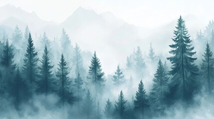 A misty mountain forest landscape with tall evergreen trees present