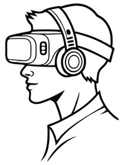 Black and White Illustration of Tech Enthusiast with VR Goggles and Headphones