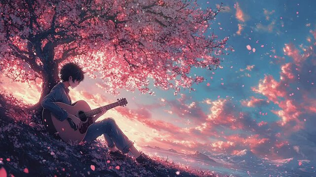 Young man serenades under blossoming cherry tree at sunset; peaceful, dreamy anime-style illustration. seamless looping time-lapse animation