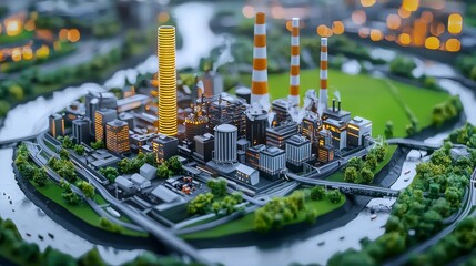Obraz premium A miniature cityscape featuring industrial buildings, smokestacks, and a river, illuminated at night, showcasing a blend of modern architecture and greenery.