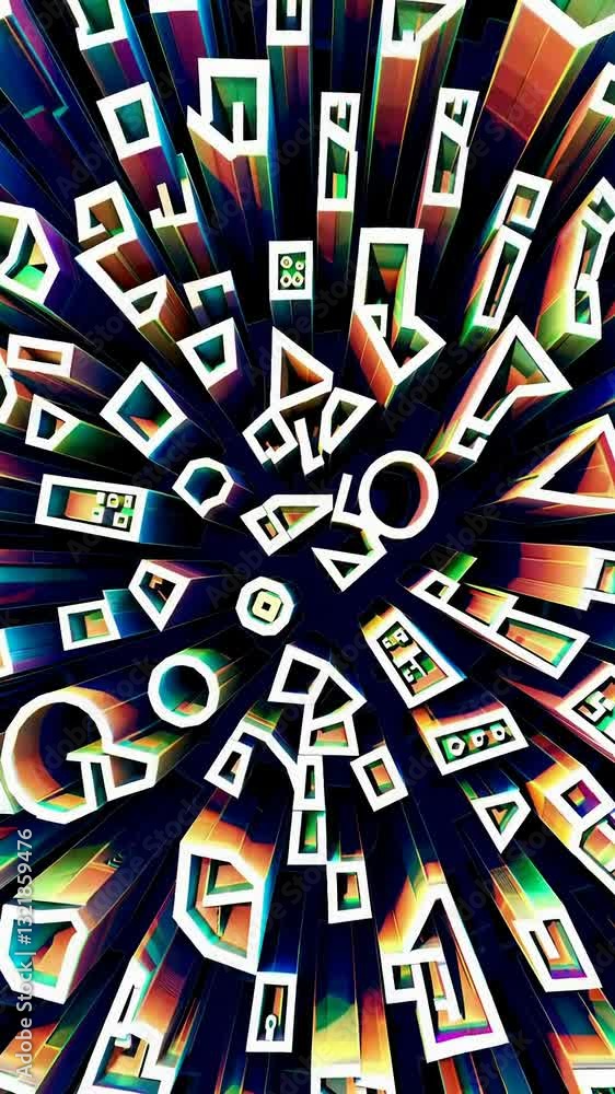 Poster dynamic geometric shapes exploding in colorful radial patterns with digital glitch effect