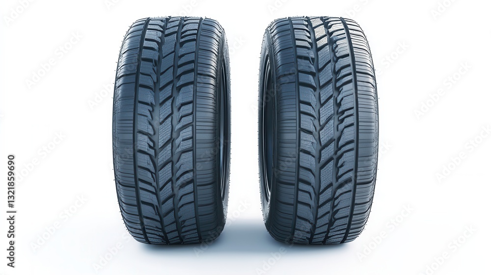 Poster two car tires on white background showcasing detailed tread patterns and design for comparison and a