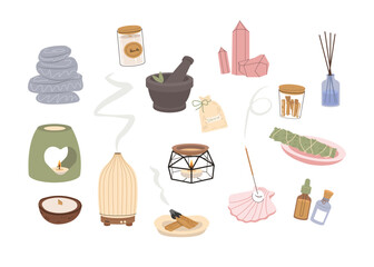 Hand drawn aroma diffuser set . Aromatherapy collection. Aroma candles, fragrance essential oil bottles, salt lamp to calm the body. Relaxation and spa items. For poster invitation flyer banner