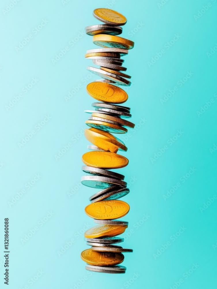 Aufkleber Minimalist Financial Balance Dynamic Gold and Silver Coin Stack Visualizing Wealth Optimization and Investment Equilibrium in High-Contrast Modern Design