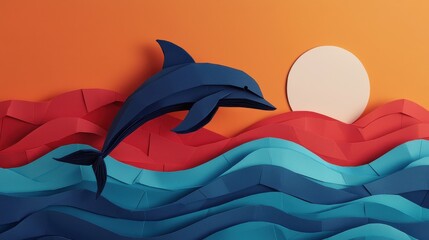 Fototapeta premium Colorful Paper Art of Dolphin Jumping Over Waves at Sunset with Bold Orange and Red Background