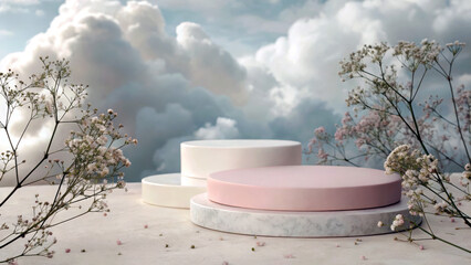 Soft pastel podiums with dreamy cloud background and delicate flowers create serene aesthetic