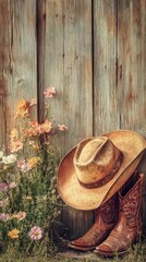 A cowboy hat and boots rest against a weathered wooden wall