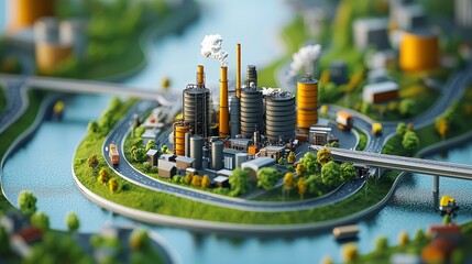 A vibrant miniature industrial complex surrounded by water and greenery, showcasing smokestacks and colorful structures in a scenic setting.