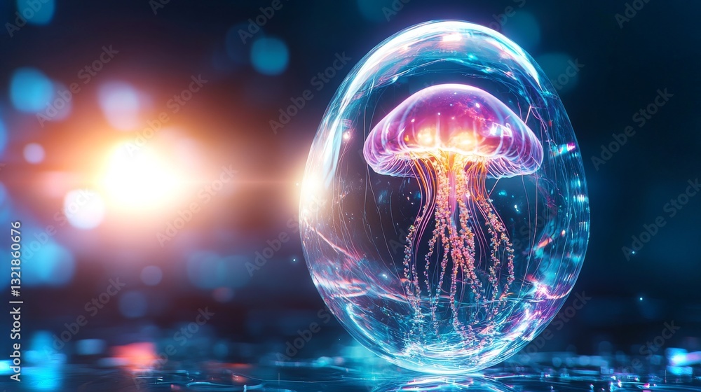 Poster vibrant jellyfish encapsulated in a translucent orb illuminated by ambient light