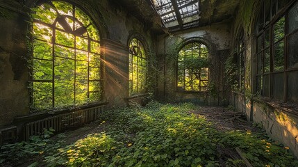  Abandoned building transformed into a green oasis, ivy and moss cover the cracked concrete walls, while trees sprout from the floors, reclaiming the space.