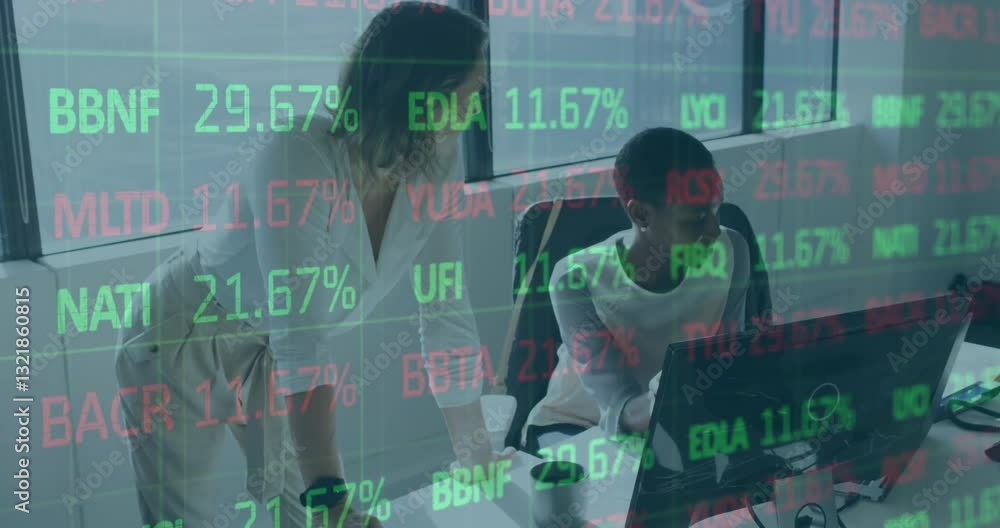 Poster animation of stock market data overlaying professionals working on computers in office