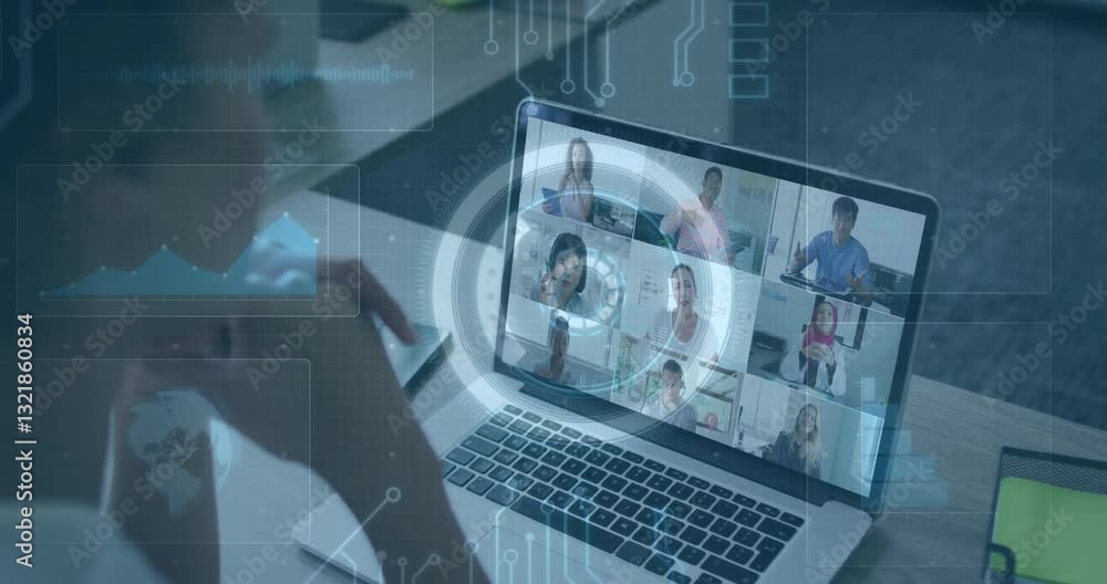 Poster video call interface on laptop screen with digital data processing animation overlay
