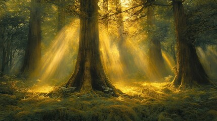  Majestic forest illuminated by golden sunlight streaming through tall trees, creating a mystical, serene, and peaceful atmosphere in nature.