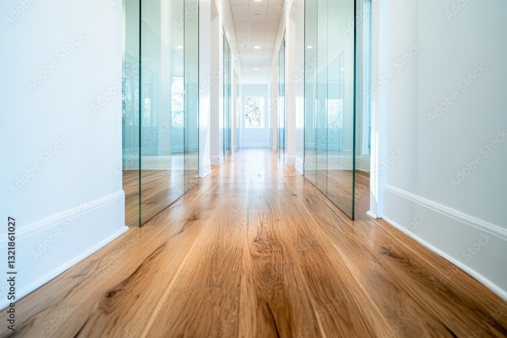 Poster minimalist wellness architecture transparent glass corridor design illuminating modern mental health