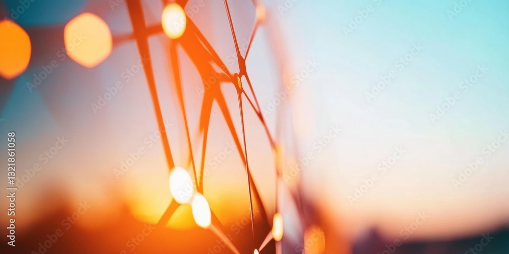 Poster Ethereal Neural Network Visualization Abstract Digital Connectivity with Sunset Bokeh - Innovative Tech Aesthetic for AI and Cognitive Systems Marketing