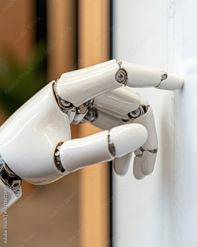 Poster Futuristic AI Interaction Precision Robotic Hand Exploring Minimalist Space - Next-Gen Technology Meets Human-Machine Symbiosis in Advanced Automation Design