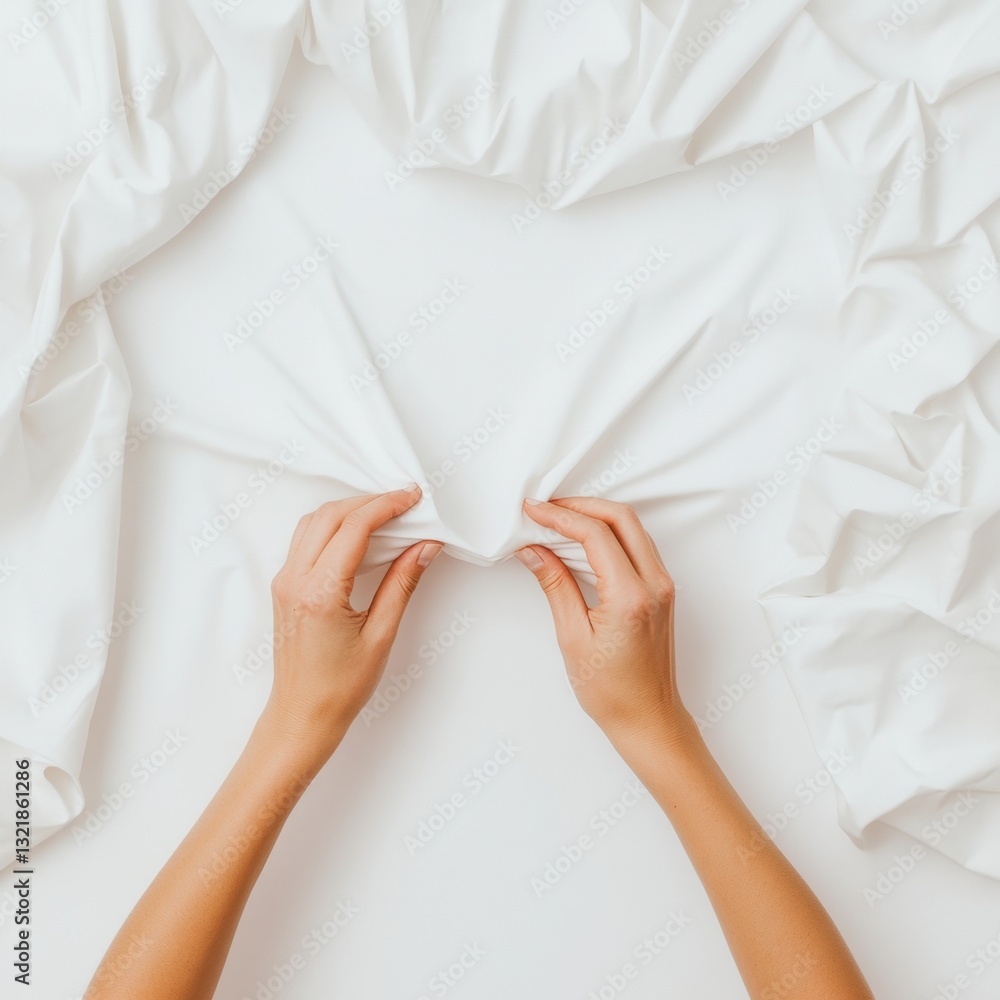 Poster minimalist textile design soft white fabric manipulation exploring texture, creative process, and co
