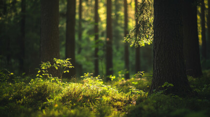 Warm Sunlight Filters Through Trees in a Serene Forest Setting With Soft Focus Edges