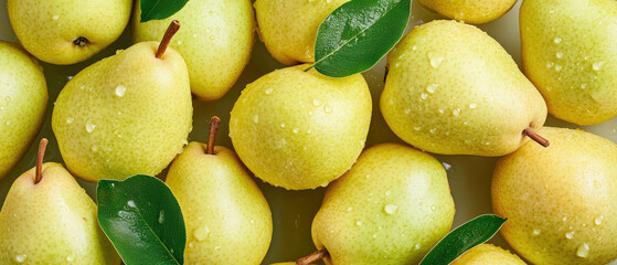 Fresh Pears With Water Droplets on a Light Background Showcasing Their Vibrant Texture pattern and Natural Colors